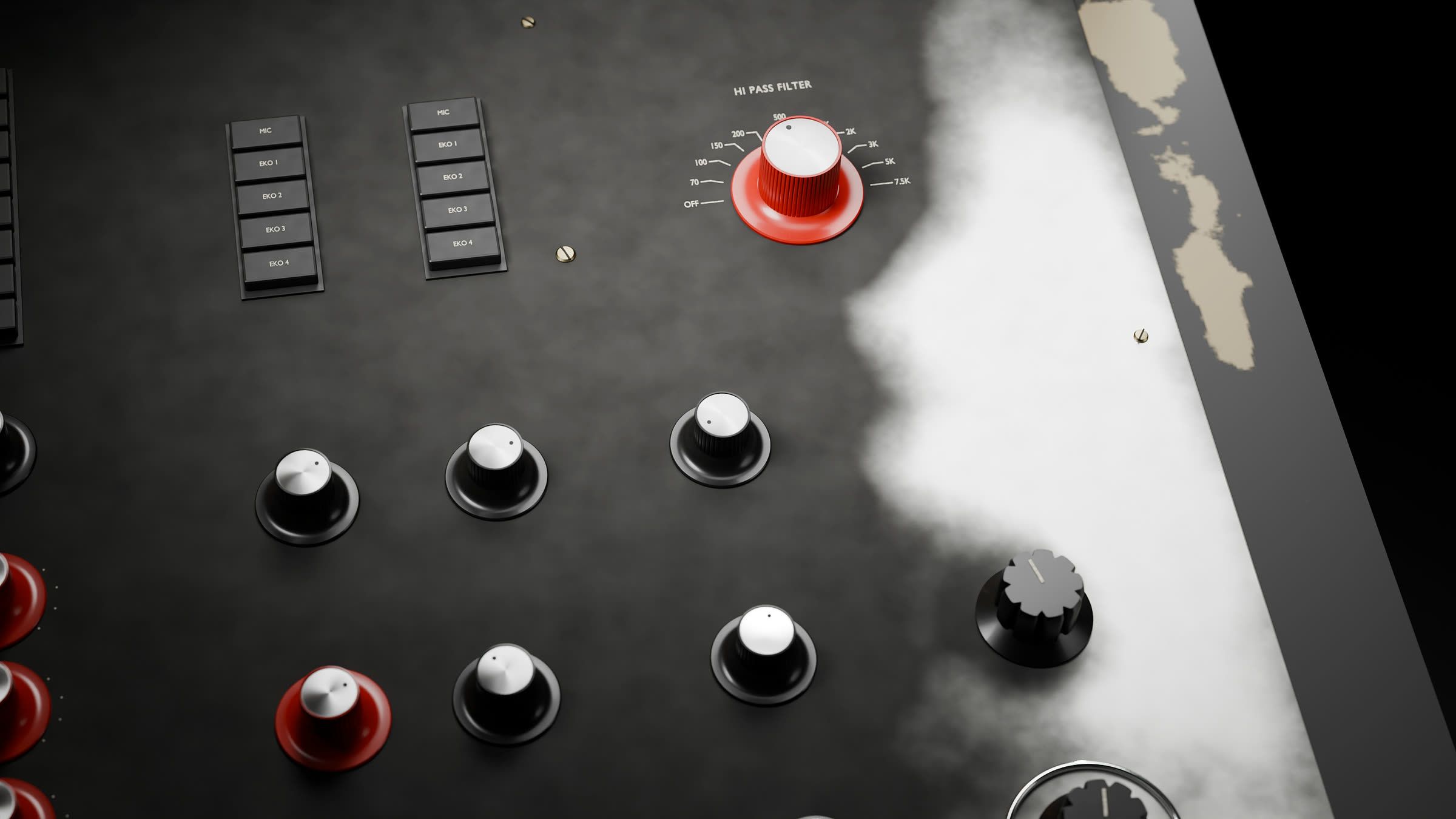 The red HI PASS FILTER knob on the recreated MCI desk, with the MIC and EKO selector buttons and black knobs around it on the sprayed aluminium panel.