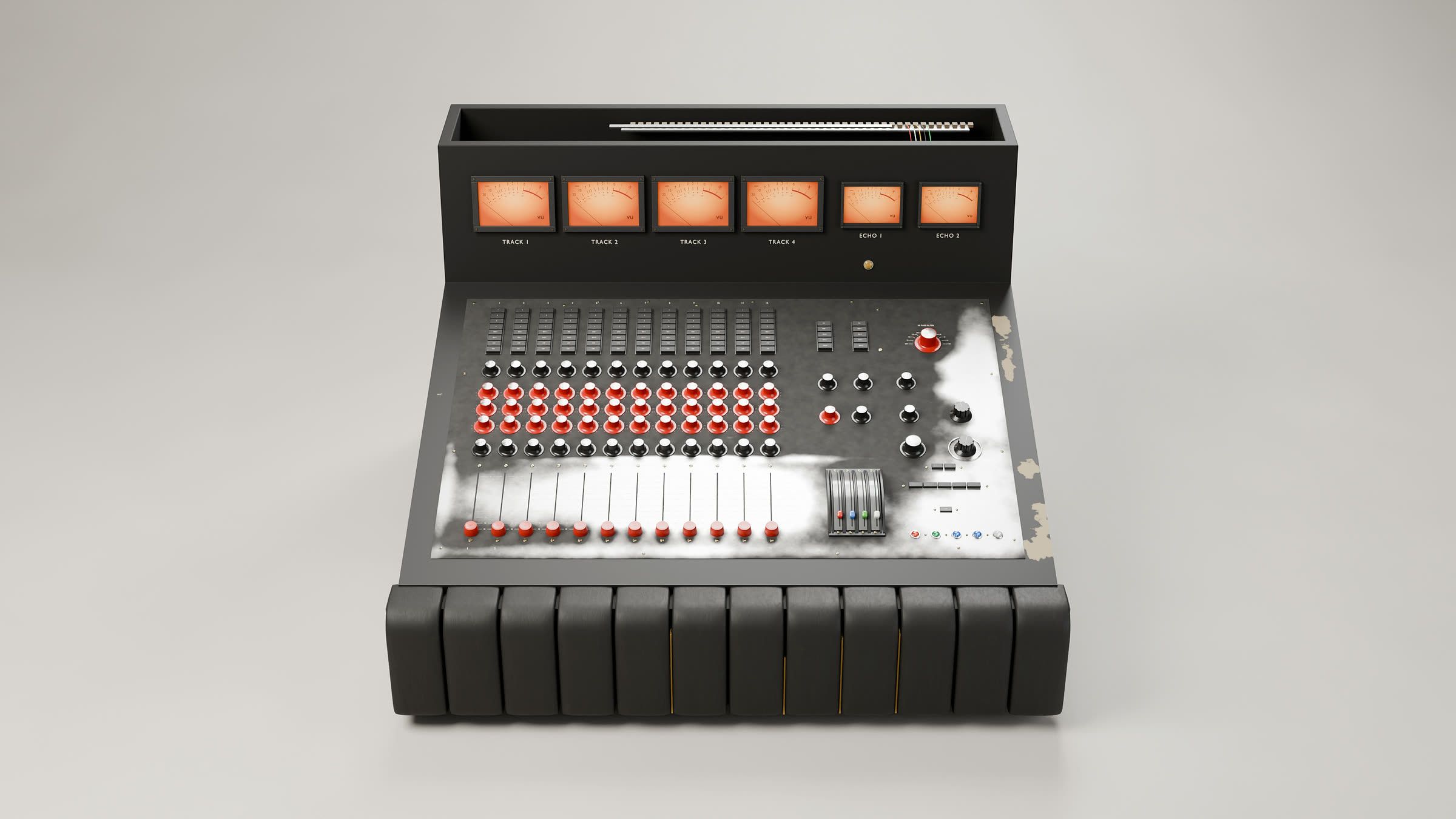 A rendered recreation of King Tubby's MCI mixing desk from the front: six backlit VU meters, twelve channel strips with red EQ knobs and red-capped faders, and the red HI PASS FILTER knob at the top right.
