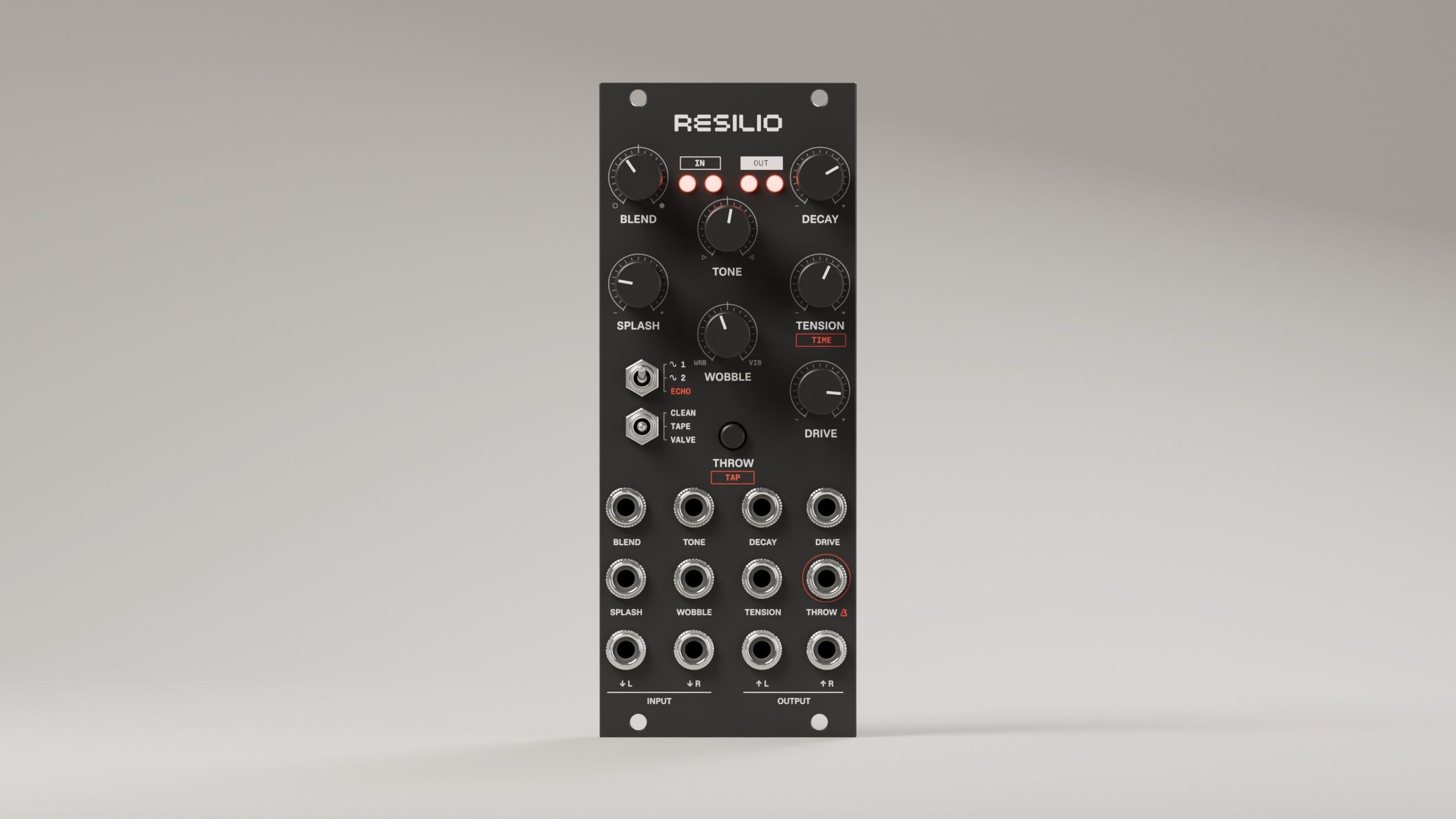 The Versio module with the Resilio panel, seen straight on: a black panel with white labels, seven black knobs, the TANK and ATTITUDE toggles, the THROW button, four lit red LEDs and twelve jacks.