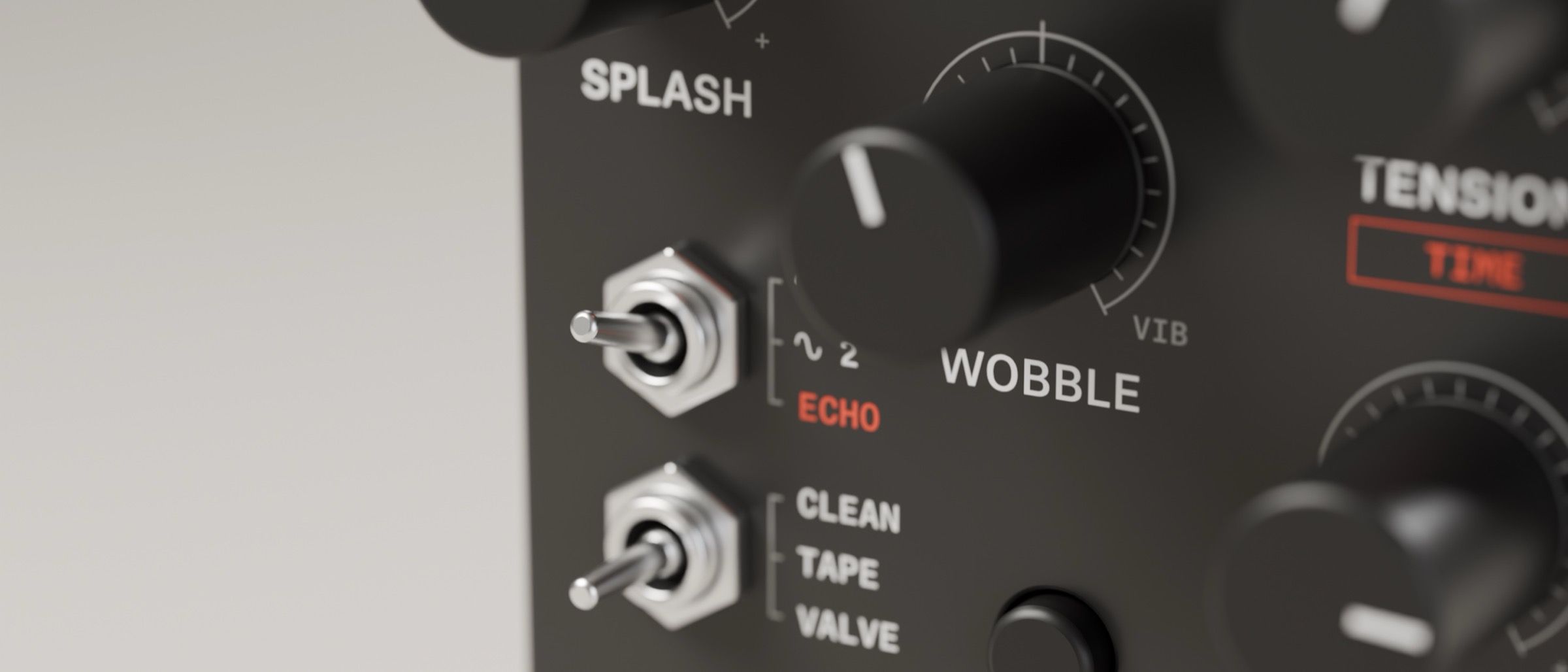 Close-up of the Resilio panel: the TANK and ATTITUDE toggles beside the WOBBLE knob, with SPLASH and TENSION at the edges.
