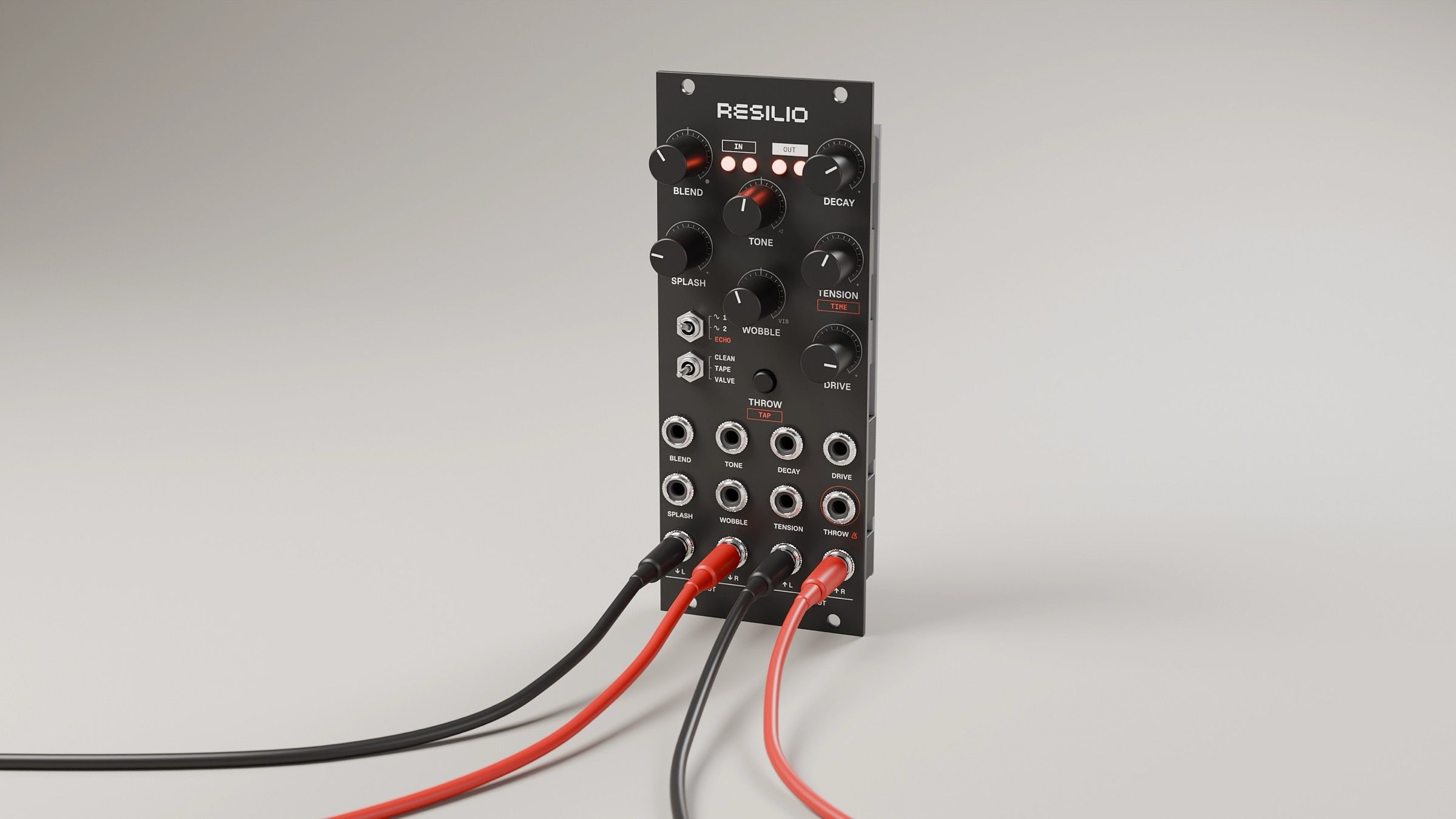 The Resilio Versio module patched with four cables, black and red for each left and right pair, into both inputs and both outputs.