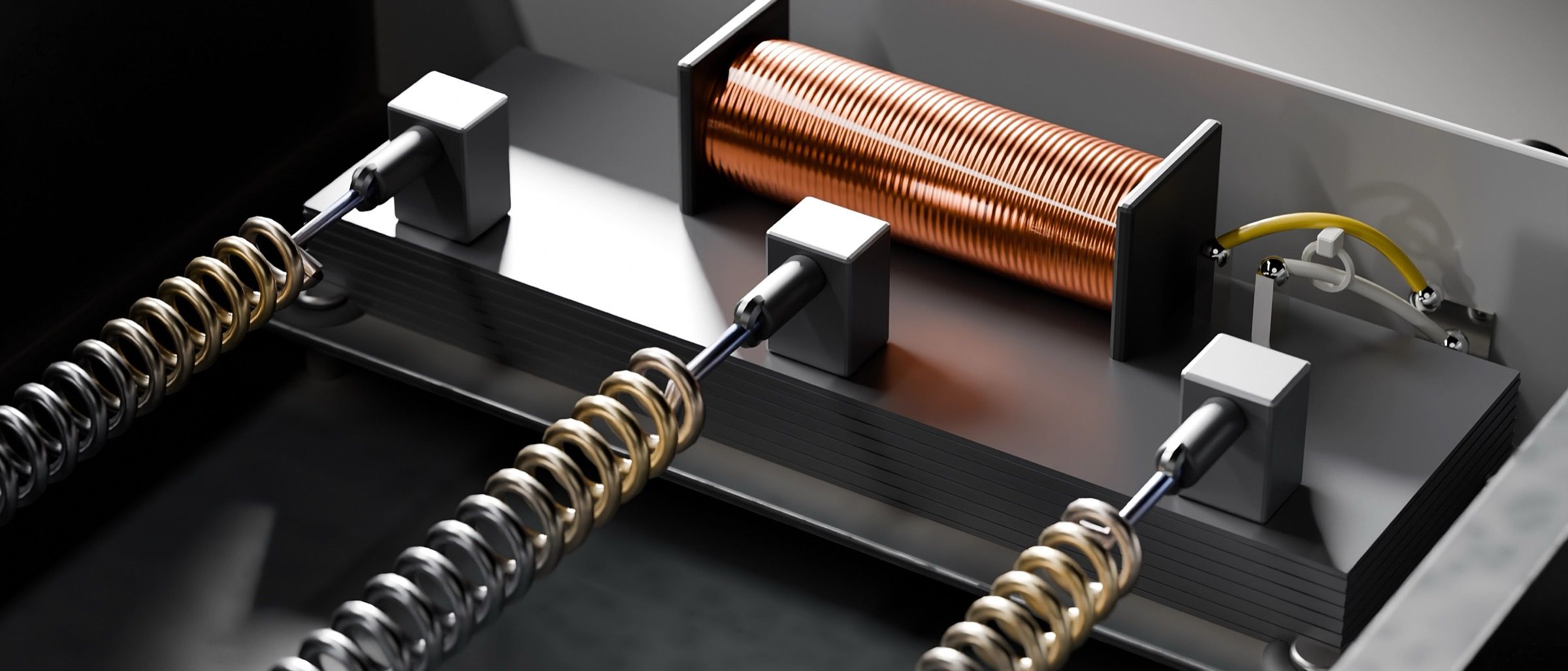 Close-up inside a spring reverb tank: a copper-wound transducer on a steel plate, three coiled springs hooked to it, yellow and white wires running to the jack.