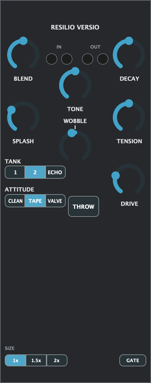 The Resilio Versio plugin window: seven knobs (BLEND, DECAY, TONE, SPLASH, TENSION, WOBBLE, DRIVE), the TANK and ATTITUDE switches, the THROW button, input and output meters, and a bottom row with SIZE 1x, 1.5x, 2x and a GATE button.